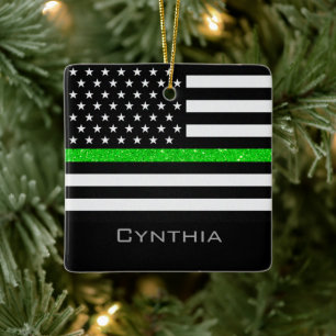 Gepersonaliseerde thin Green Line Glitter Flag Keramisch Ornament