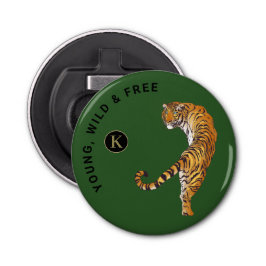 Gepersonaliseerde Tiger Monogram Groene Achtergron Button Flesopener