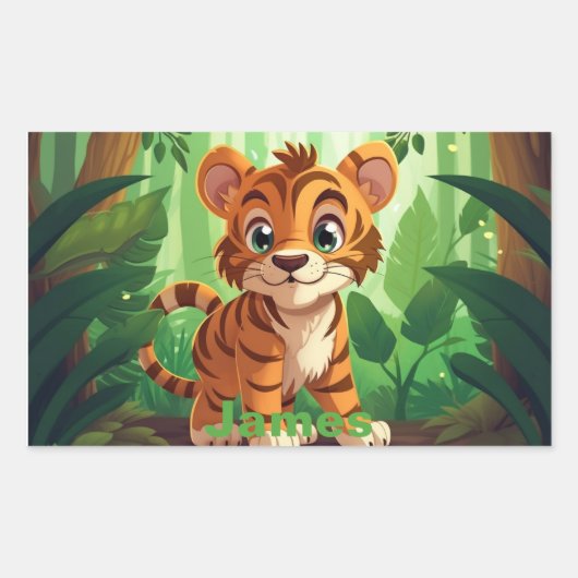 Gepersonaliseerde Tiger Stickers. Woodland Baby Ti Rechthoekige Sticker (Voorkant)