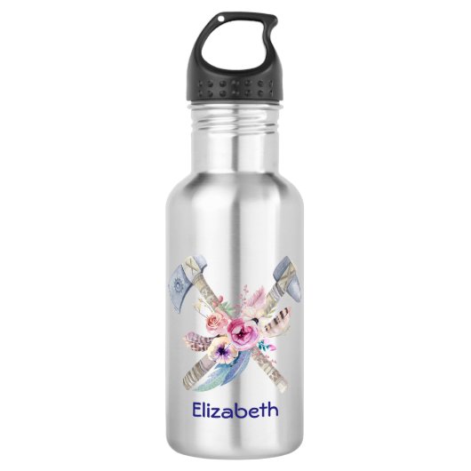 Gepersonaliseerde Tomahawk Feathers en Flowers Waterfles (Voorkant)