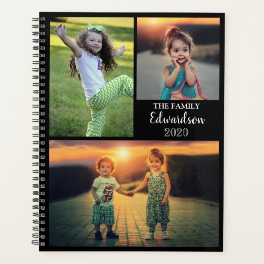Gepersonaliseerde trendy familiefoto collage zwart planner (Voorkant)
