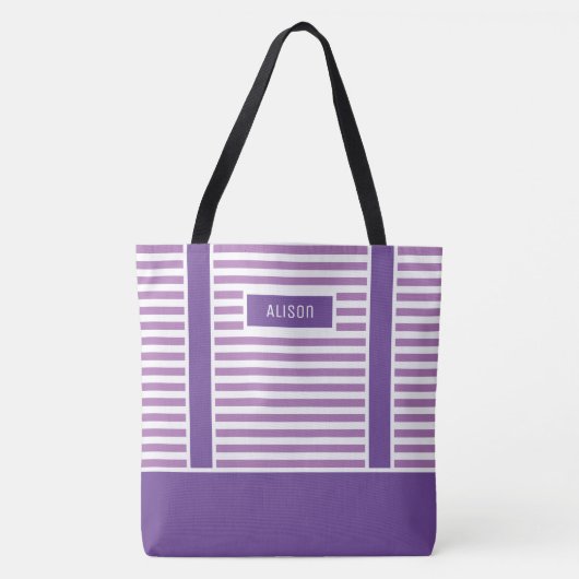 Gepersonaliseerde trendy Paarse en witte strepen Tote Bag (Voorkant)