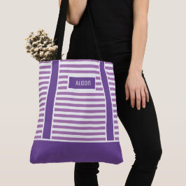 Gepersonaliseerde trendy Paarse en witte strepen Tote Bag