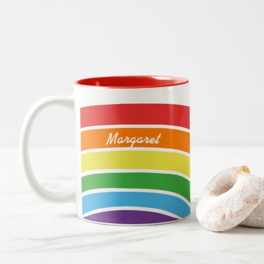 Gepersonaliseerde Trendy Rainbow Modern Pattern Gi Tweekleurige Koffiemok (Met donut)