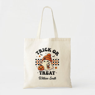 Gepersonaliseerde Trick or treat Ghost Halloween Tote Bag