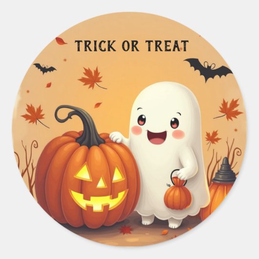 Gepersonaliseerde Trick or treat Ghost & Pumpkin H Ronde Sticker (Voorkant)