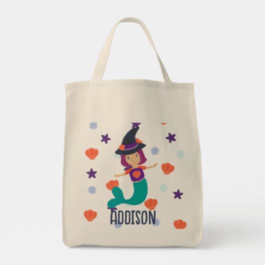 Gepersonaliseerde Trick or treat Zeemeermin Heks Tote Bag (Achterkant)