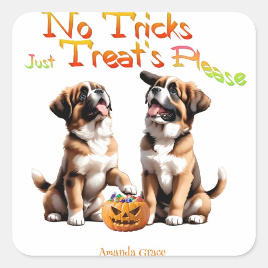 Gepersonaliseerde Trick Treat Halloween Saint Bern Vierkante Sticker (Voorkant)