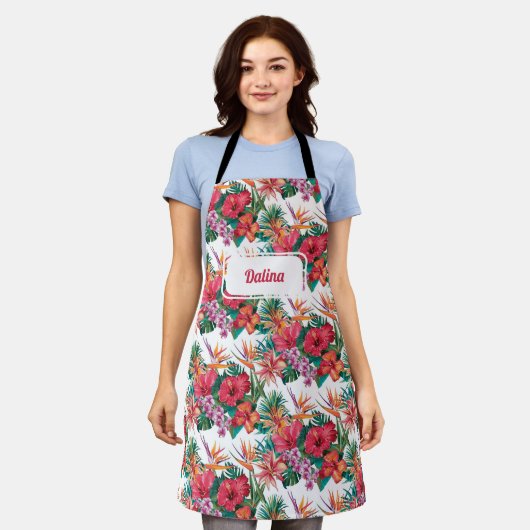 Gepersonaliseerde Tropical Flowers Schort (Gedragen)