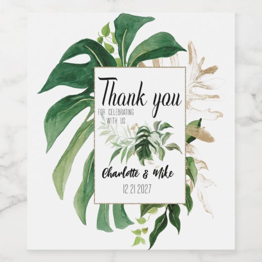 Gepersonaliseerde Tropical Leaf Wedding Bedankt Wijn Etiket (Enkel label)