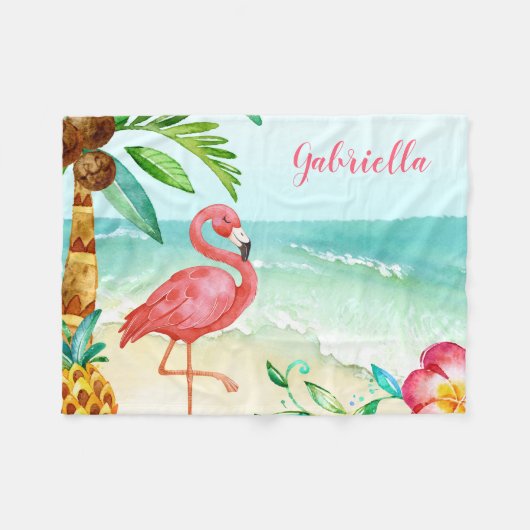 Gepersonaliseerde Tropisch Strand Flamingo Fleece Deken (Voorkant (Horizontaal))