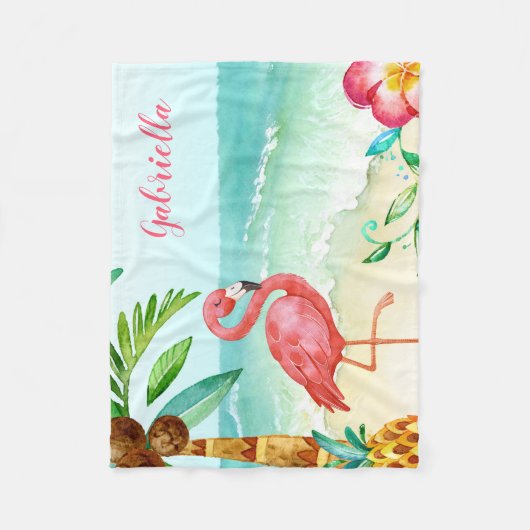 Gepersonaliseerde Tropisch Strand Flamingo Fleece Deken (Voorkant)