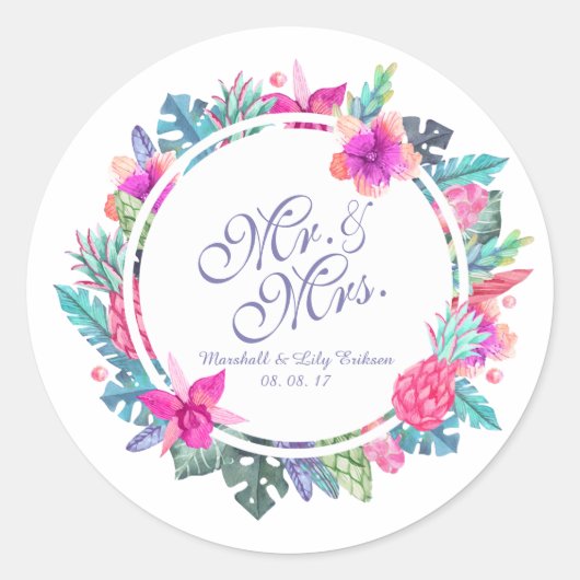 Gepersonaliseerde Tropische Bloemen Bruiloft Stick Ronde Sticker (Voorkant)