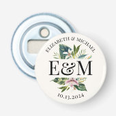 Gepersonaliseerde Tropische Bloemen Huwelijksgunst Button Flesopener (Voorkant)