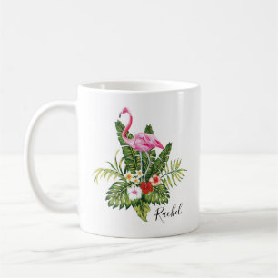 Gepersonaliseerde tropische flamingo bloemen koffiemok