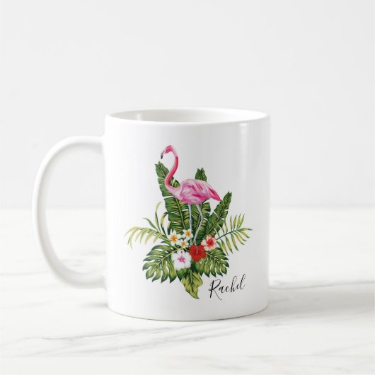Gepersonaliseerde tropische flamingo bloemen koffiemok (Links)