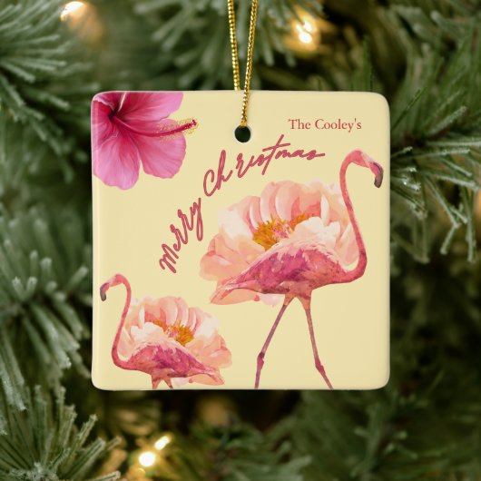 Gepersonaliseerde Tropische Flamingo Kerst Keepsak Keramisch Ornament (Boom)
