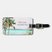 Gepersonaliseerde tropische palmboom Blauw strand Bagagelabel (Voorkant horizontaal)