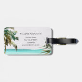 Gepersonaliseerde tropische palmboom Blauw strand Bagagelabel (Achterkant horizontaal)