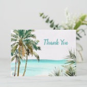 Gepersonaliseerde tropische palmboom Blauw strand Bedankkaart (Staand voorkant)