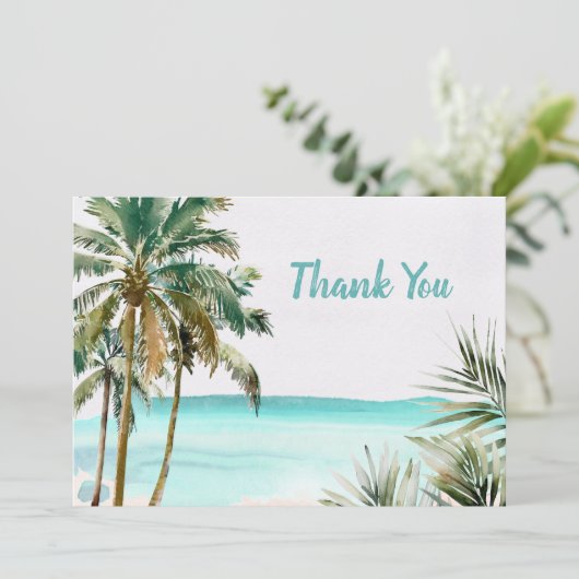 Gepersonaliseerde tropische palmboom Blauw strand Bedankkaart (Staand voorkant)