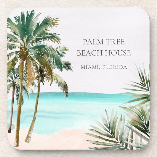 Gepersonaliseerde tropische palmboom Blauw strand Bier Onderzetter (Voorkant)