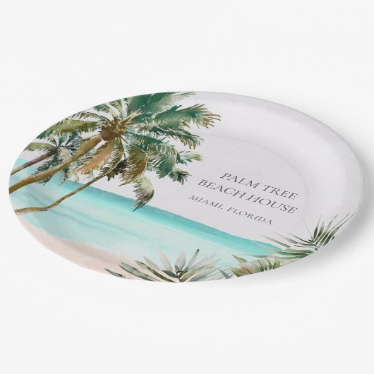 Gepersonaliseerde tropische palmboom Blauw strand Papieren Bordje (Gekanteld)