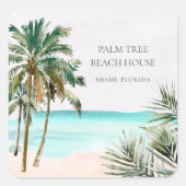 Gepersonaliseerde tropische palmboom Blauw strand Vierkante Sticker (Voorkant)