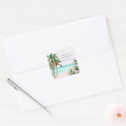 Gepersonaliseerde tropische palmboom Blauw strand Vierkante Sticker (Envelop)