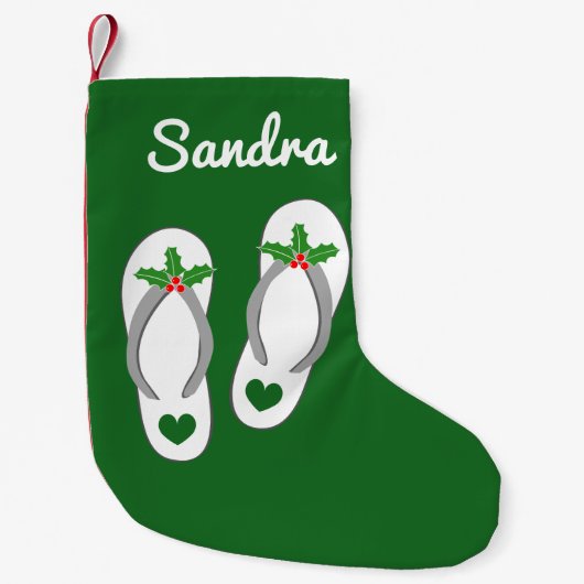 Gepersonaliseerde tropische strand flip slippers kleine kerstsok (Voorkant)