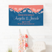 Gepersonaliseerde Trouwbanner Koraal Blauw Bloemen Spandoek (Insitu)