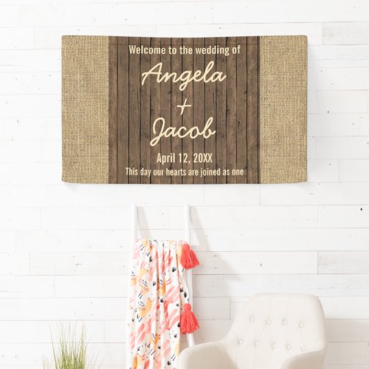 Gepersonaliseerde Trouwbanner Rustieke Burlap Hout Spandoek (Insitu)