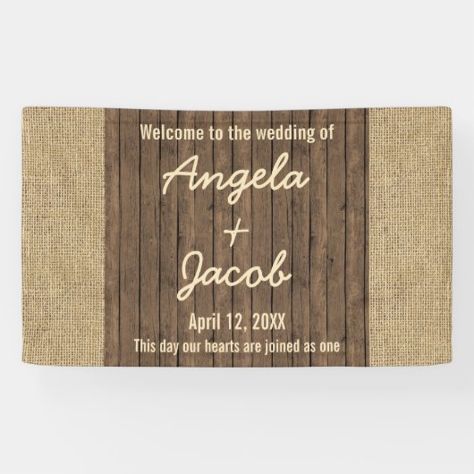 Gepersonaliseerde Trouwbanner Rustieke Burlap Hout Spandoek (Horizontaal)