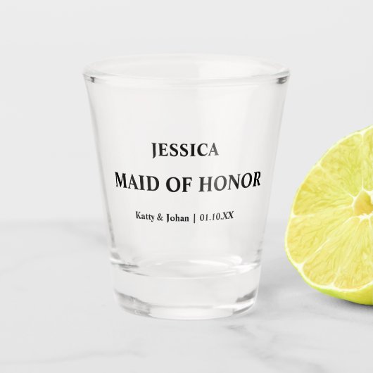 Gepersonaliseerde trouwdatum en namen Maid of Hono Shot Glas (Voorkant)