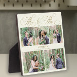 Gepersonaliseerde trouwfoto collage meneer en mevr fotoplaat<br><div class="desc">Elegante klassieke faux goud romantische kalligrafie script meneer en mevrouw 5 foto collage,  naam en trouwdatum gepersonaliseerde crème ivoor plaque.</div>