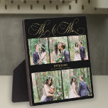 Gepersonaliseerde trouwfoto collage meneer en mevr fotoplaat<br><div class="desc">Elegante klassieke faux goud romantische kalligrafie script meneer en mevrouw 5 foto collage,  naam en trouwdatum gepersonaliseerde zwarte plaque.</div>