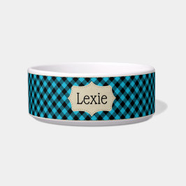 Gepersonaliseerde Turquoise Blue en Black Plaid Pe Voerbakje