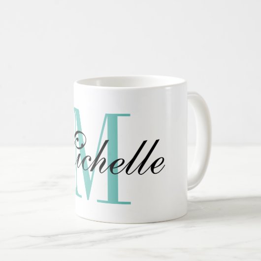 Gepersonaliseerde turquoise naam monogram koffie m koffiemok (Voorkant rechts)