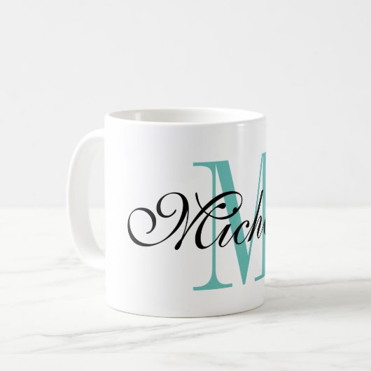 Gepersonaliseerde turquoise naam monogram koffie m koffiemok (Voorkant links)