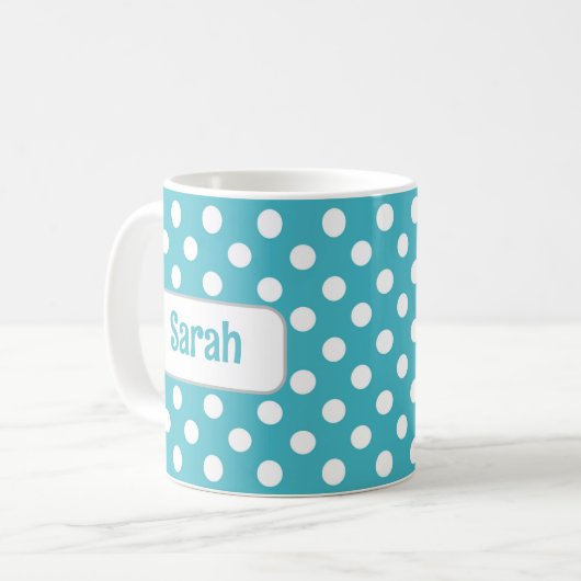 Gepersonaliseerde Turquoise Polka Dot Mok (Voorkant links)
