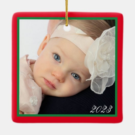 Gepersonaliseerde TWEE foto FAMILIE Kerstmis Keramisch Ornament (Achterkant)