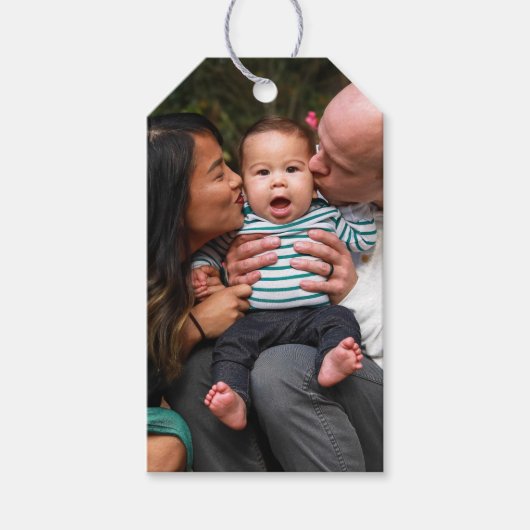 Gepersonaliseerde twee foto tweezijdige familie cadeaulabel (Voorkant)