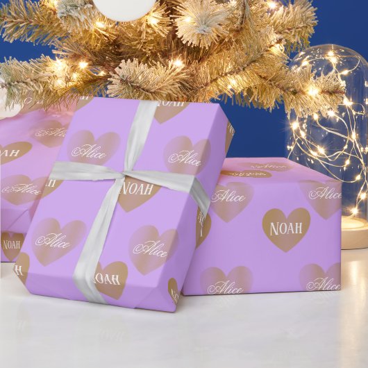 Gepersonaliseerde twee keer gouden harten, Mauve Cadeaupapier (Feestdagen)