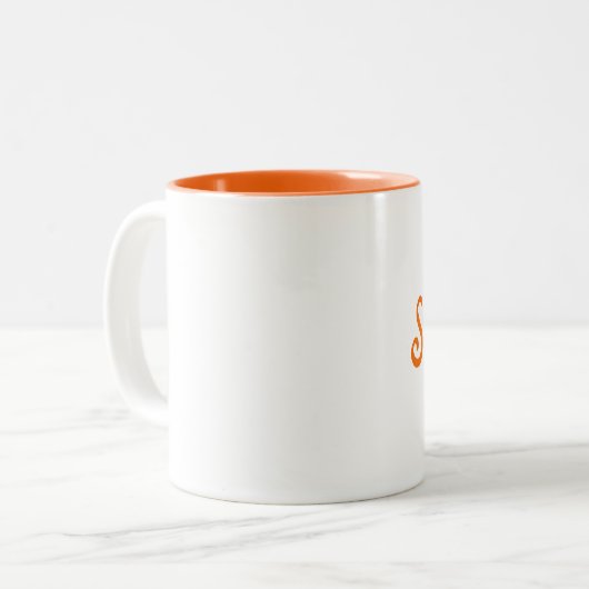 Gepersonaliseerde twee toon oranje en witte mok (Voorkant links)