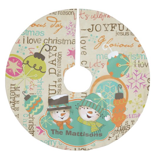 Gepersonaliseerde Typografie Snowmen Holiday Tree  Kerstboom Rok (Voorkant)