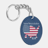 Gepersonaliseerde U.S.A. vlag en kaart Navy Blue W Sleutelhanger (Voorkant Links)