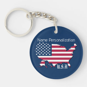 Gepersonaliseerde U.S.A. vlag en kaart Navy Blue W Sleutelhanger