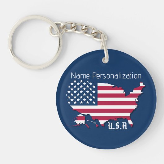 Gepersonaliseerde U.S.A. vlag en kaart Navy Blue W Sleutelhanger (Voorkant)