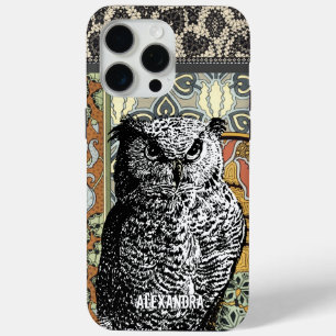 Gepersonaliseerde Uil Art Nouveau Floral iPhone 15 Pro Max Hoesje