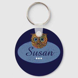gepersonaliseerde uil blauw sleutelhanger